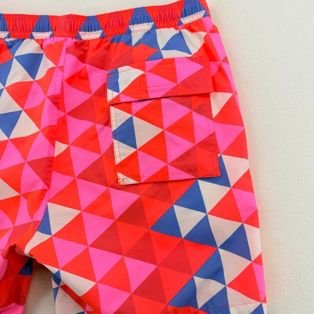 Psycho Bunny Swim Trunks Mens Large NeoPink Blue Geometric Print Excellent